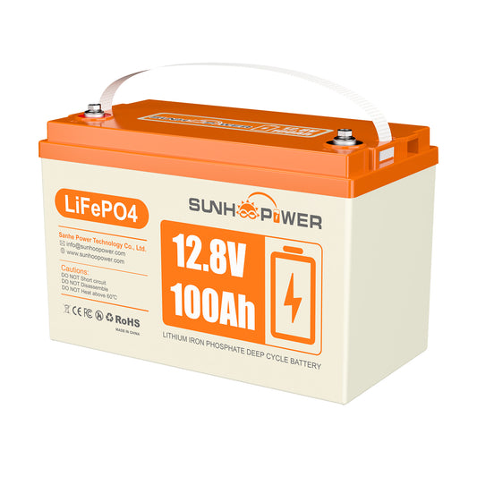 SUNHOOPOWER 12,8 V 100 Ah LiFePO4-Akku, integriertes 100 A BMS, 1280 Wh Energie