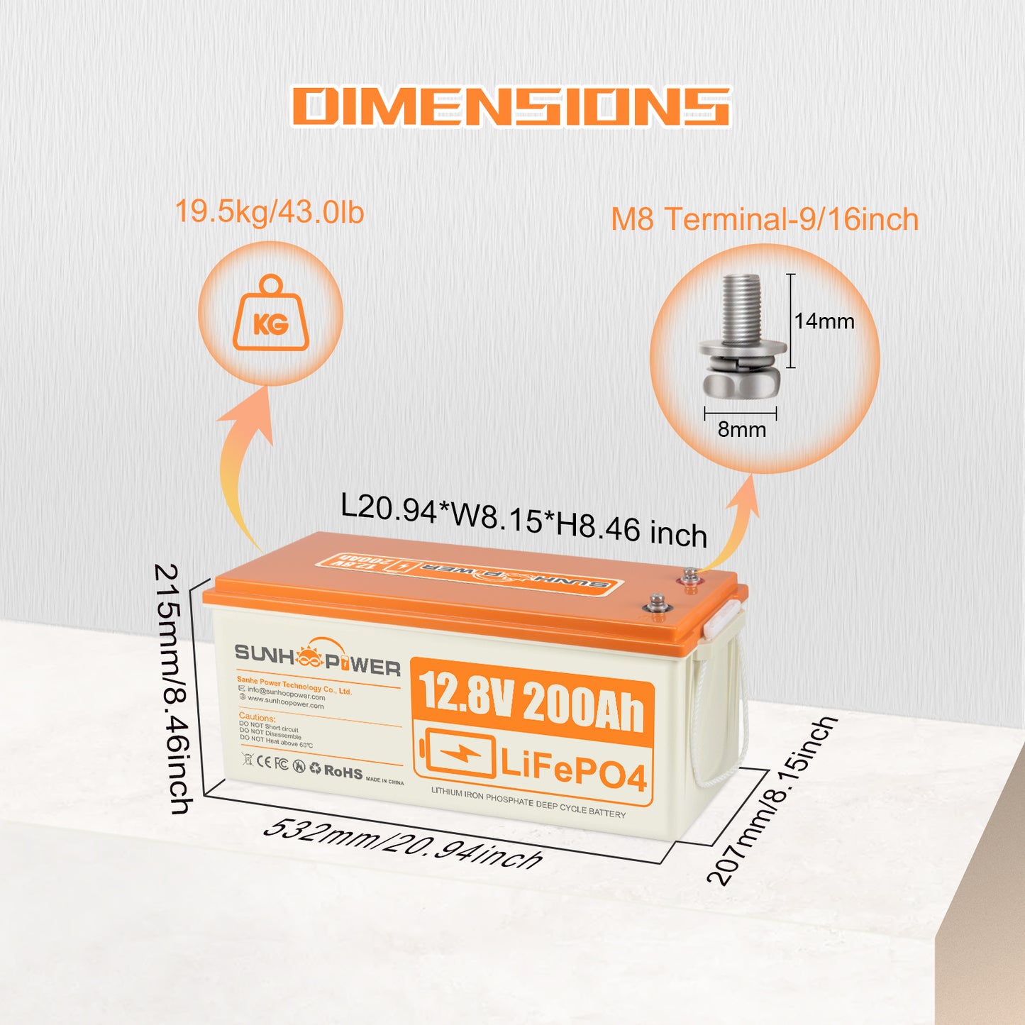 SUNHOOPOWER 12V 200Ah LiFePO4-Akku, integriertes 100A BMS, 2560Wh Energie