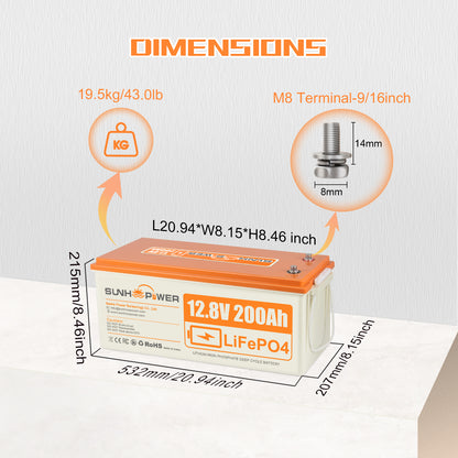 SUNHOOPOWER 12V 200Ah LiFePO4-Akku, integriertes 100A BMS, 2560Wh Energie