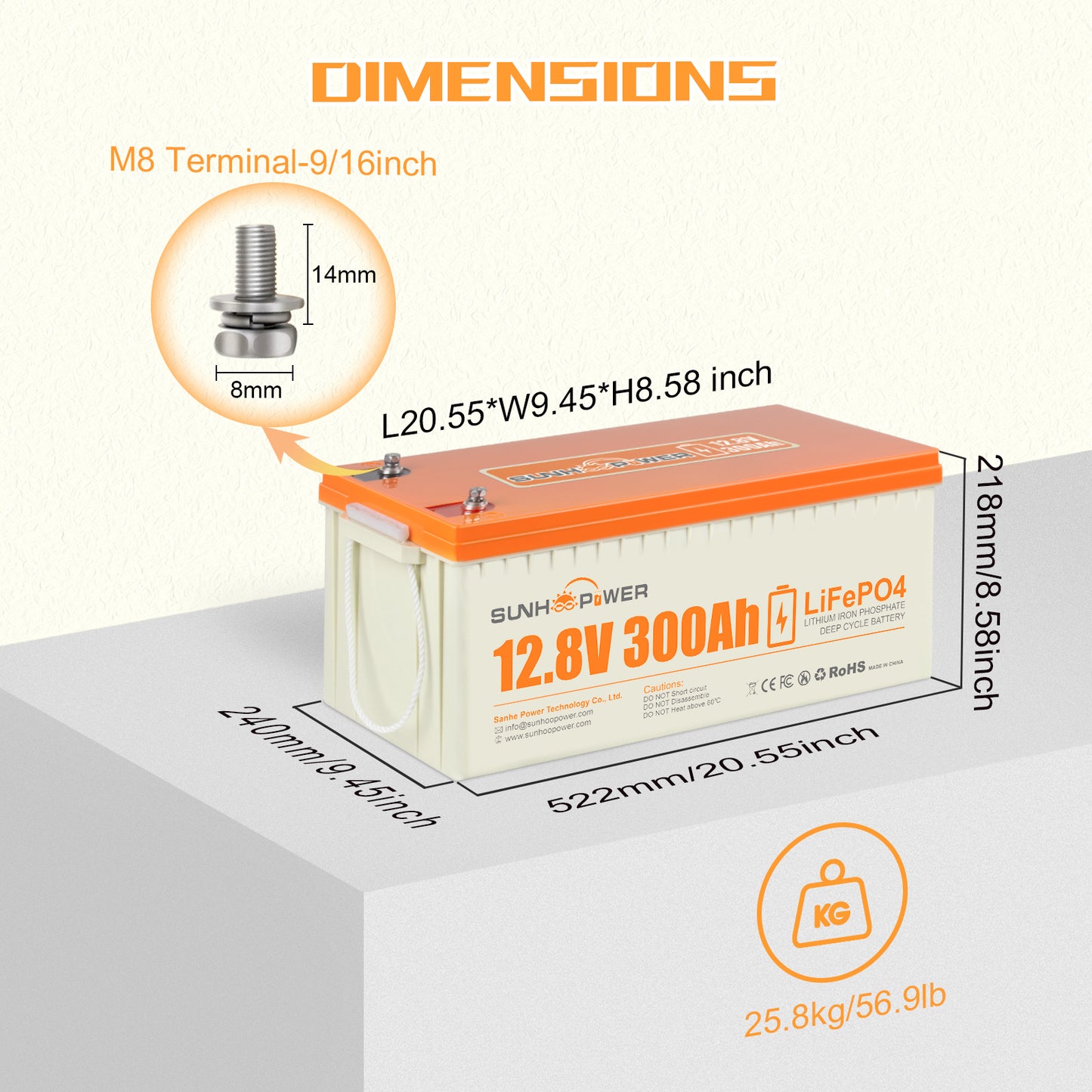 SUNHOOPOWER 12V 300Ah LiFePO4-Akku, integriertes 200A BMS, 3840Wh Energie