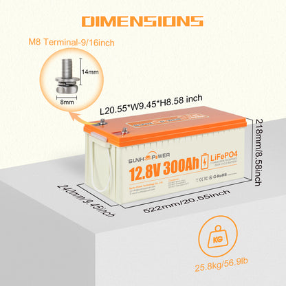 SUNHOOPOWER 12V 300Ah LiFePO4-Akku, integriertes 200A BMS, 3840Wh Energie