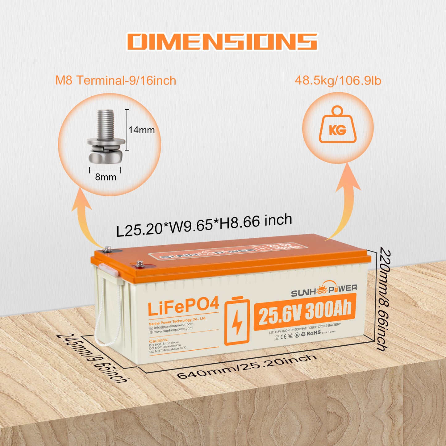 SUNHOOPOWER 24V 300Ah LiFePO4-Akku, integriertes 200A BMS, 7680Wh Energie