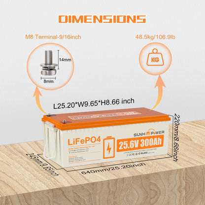 SUNHOOPOWER 24V 300Ah LiFePO4-Akku, integriertes 200A BMS, 7680Wh Energie