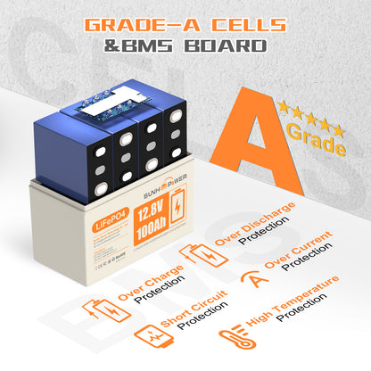 SUNHOOPOWER 12,8 V 100 Ah LiFePO4-Akku, integriertes 100 A BMS, 1280 Wh Energie