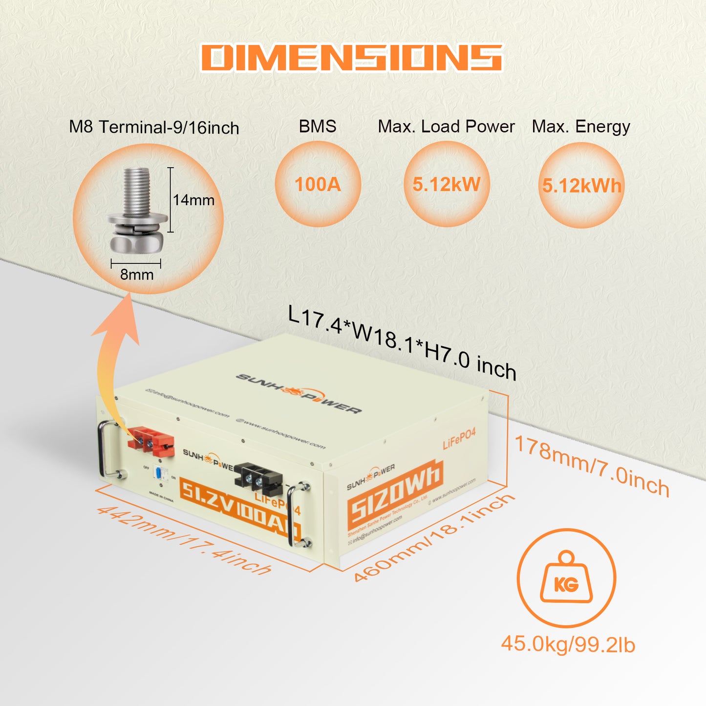 SUNHOOPOWER 51,2 V 100 Ah LiFePO4-Akku, integriertes 100 A BMS, 5120 Wh Energie