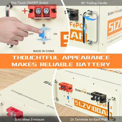SUNHOOPOWER 51,2 V 100 Ah LiFePO4-Akku, integriertes 100 A BMS, 5120 Wh Energie